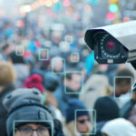 Surveillance camera with facial recognition scanning a crowd in the street