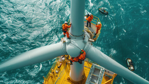 Team of workers stand on wind turbine top in sea, engineers perform maintenance of windmill in ocean. Concept of energy, power, sustainable development, technology, water. Generative AI