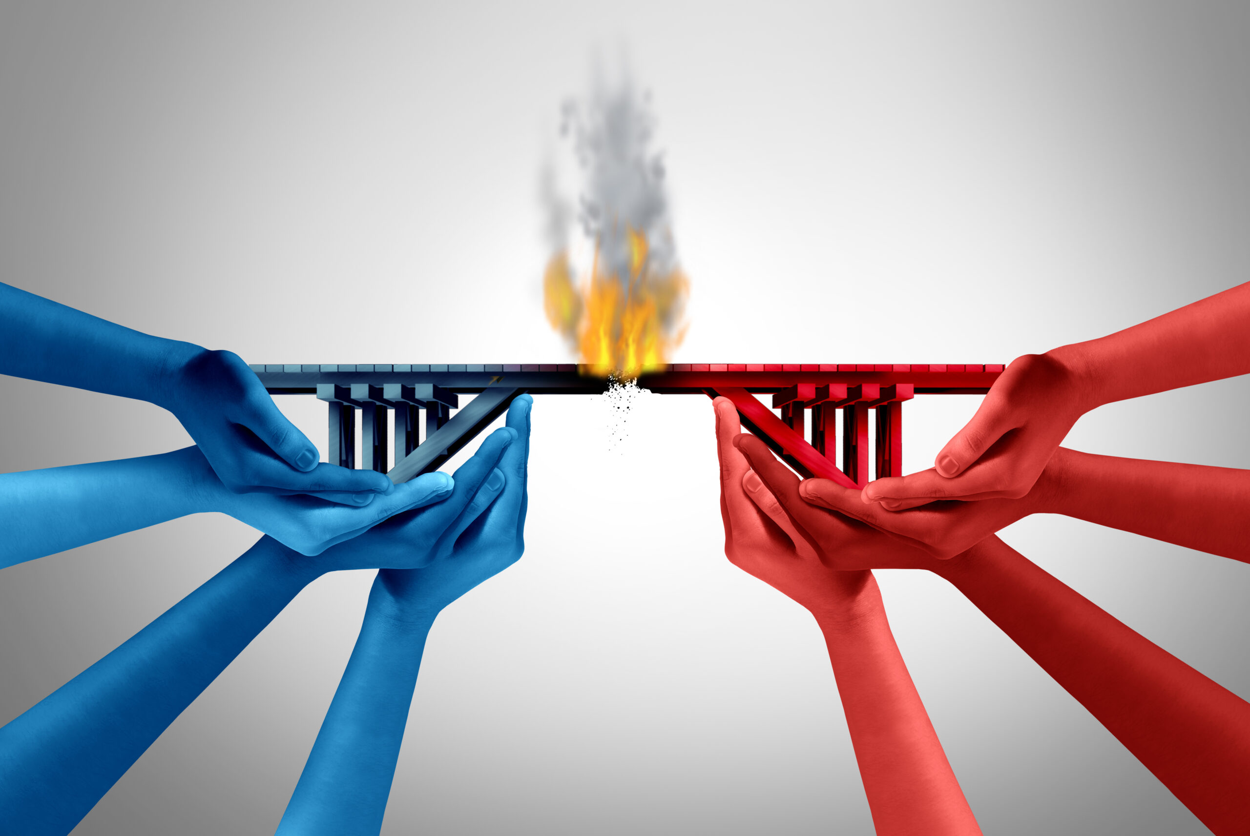 Breakdown Of Communication as a symbol of group division and a divided society as a burning bridge connection.