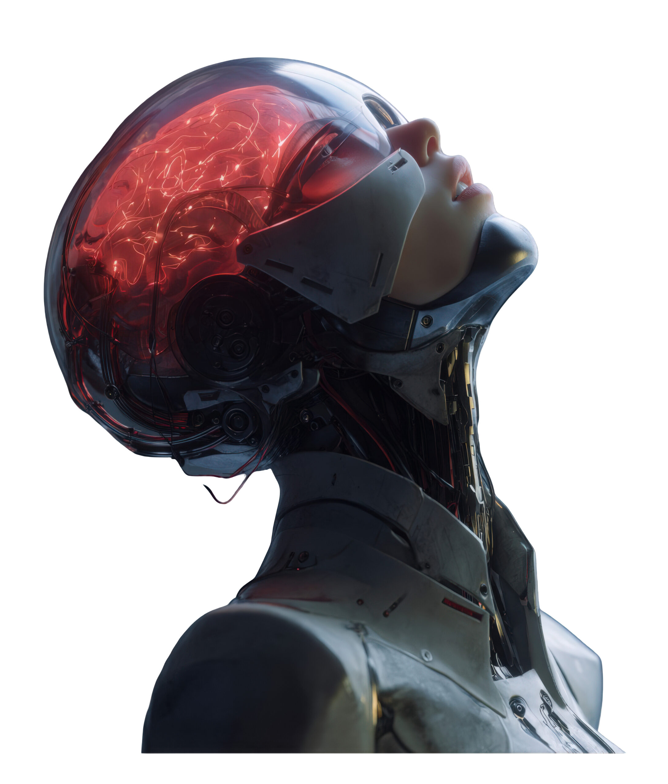 A futuristic female cyborg in profile looking up with a glowing red brain visible through a transparent helmet.