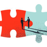 Business merger and acquisition vector concept with businessmen shaking hands, end of negotiation, success.