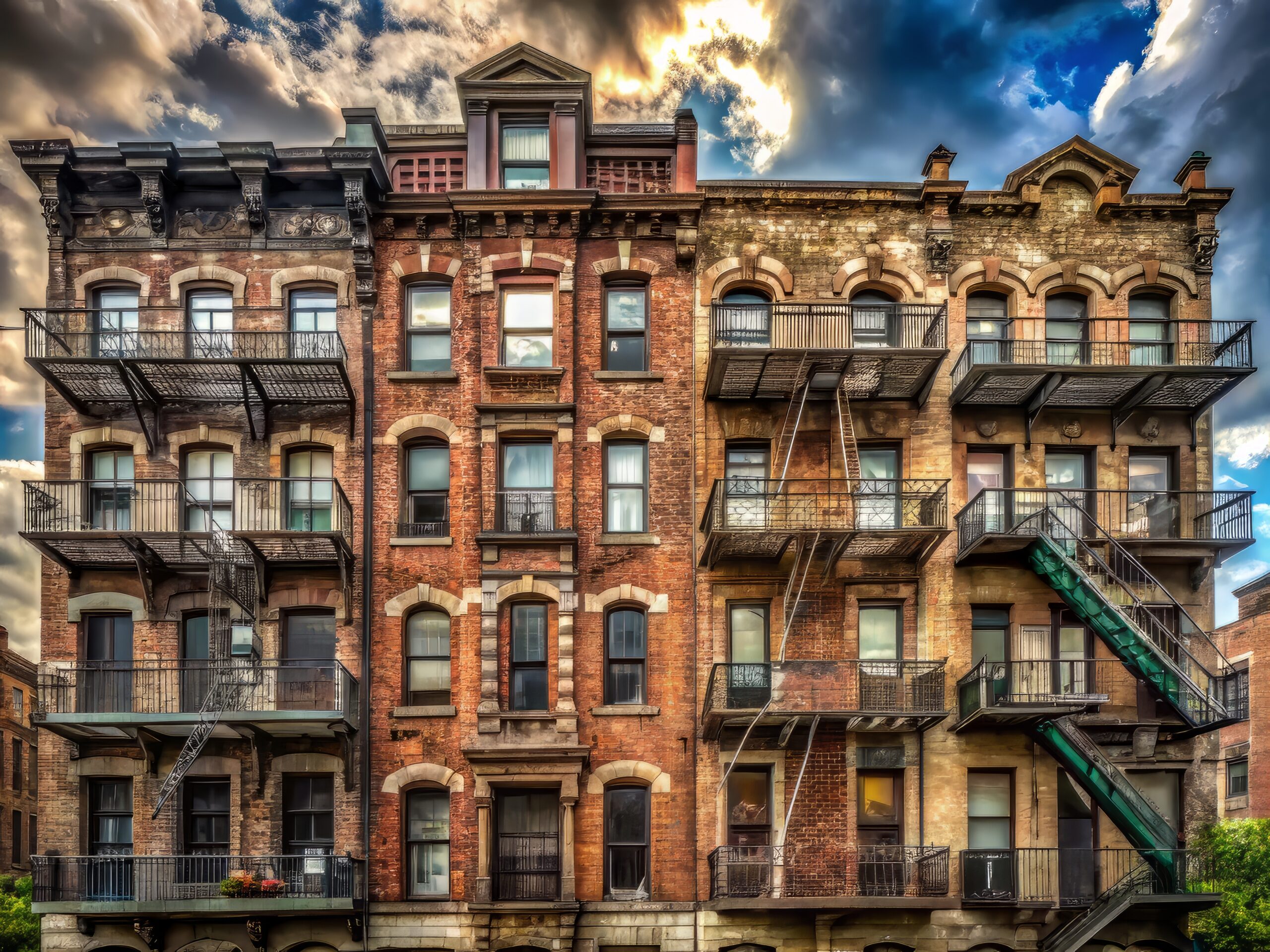 Weathered brick facade of a century-old residential building with ornate stonework, crumbling balconies, and rusty fire escapes against a cloudy urban skyline background.