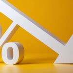White percentage symbol with downward arrow on yellow background