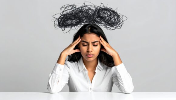 Stressed businesswoman with scribble above head, headache and anxiety concept