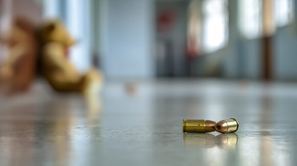 bullets on the floor of a deserted school corridor, active shooter, school shooting concept