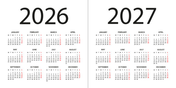 Calendar 2026, 2027 - illustration. Week starts on Monday. Calendar Set for 2026, 2027 years