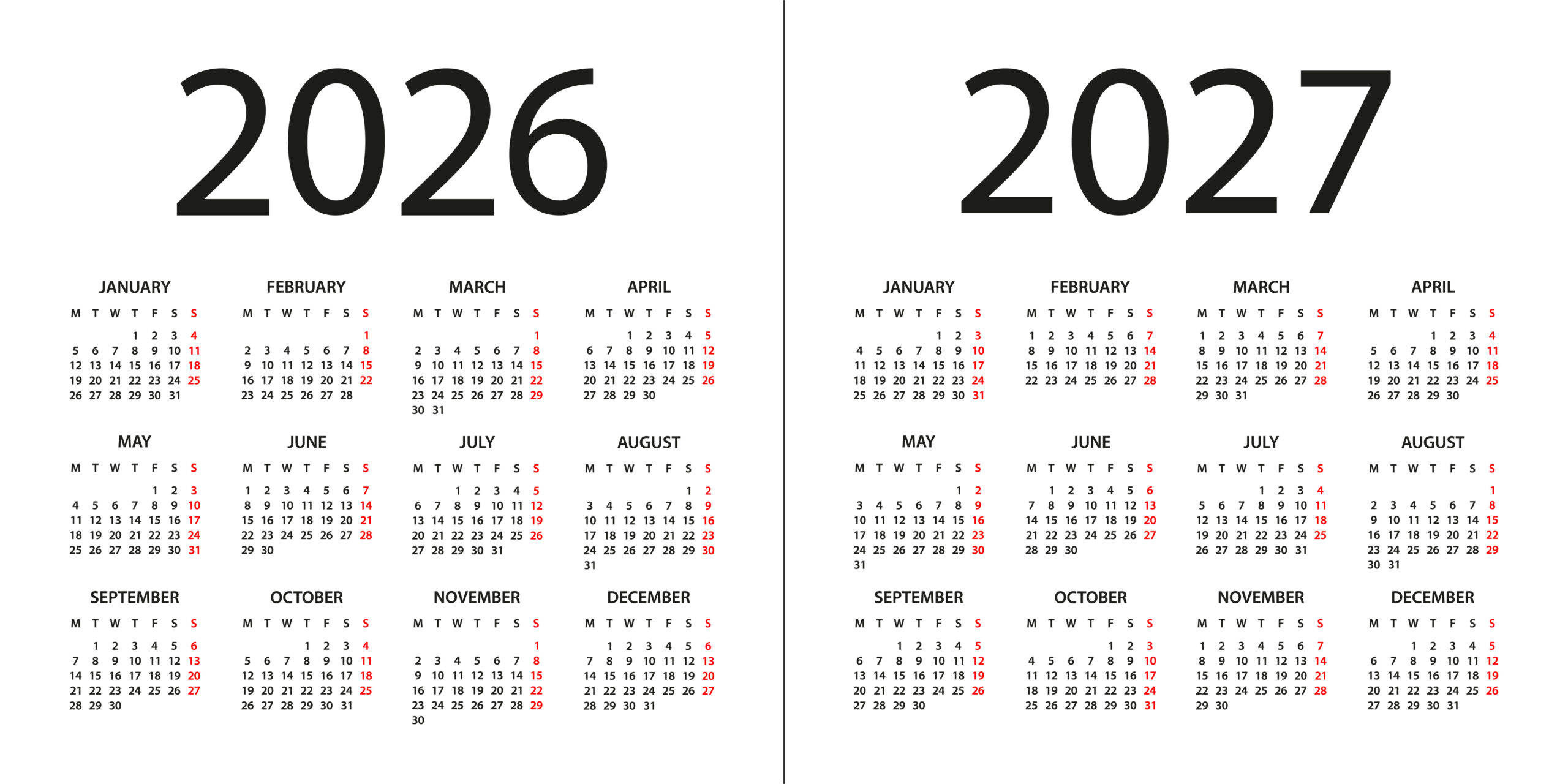 Calendar 2026, 2027 - illustration. Week starts on Monday. Calendar Set for 2026, 2027 years