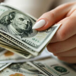 Hand holding dollar bills on a table, financial transactions concept.