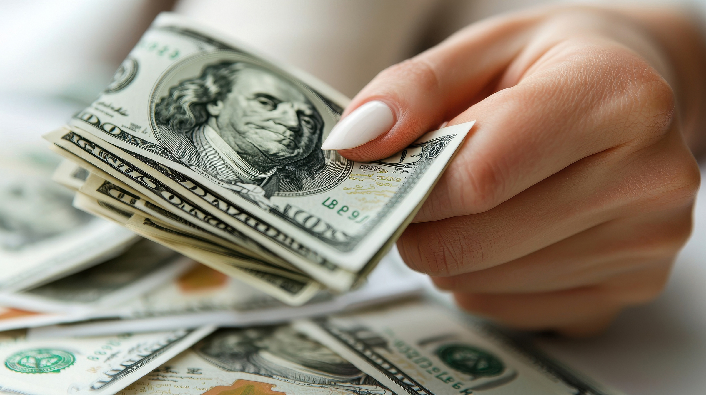 Hand holding dollar bills on a table, financial transactions concept.