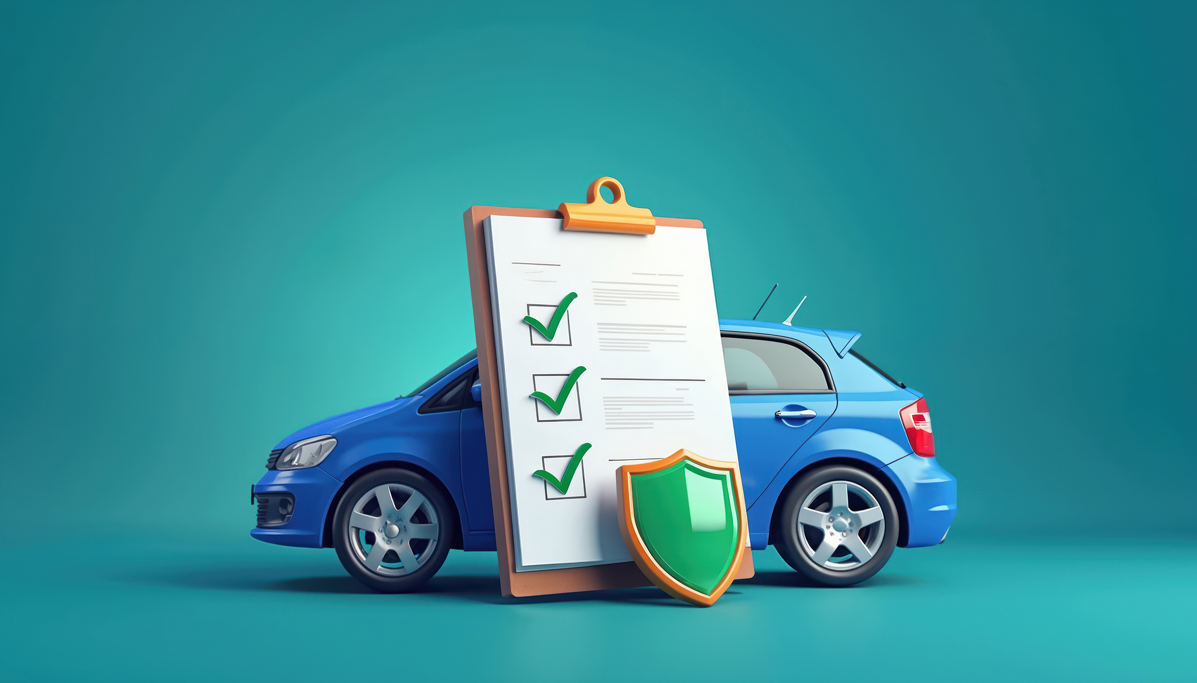 Blue car with clipboard checklist and shield. Represents auto insurance policy coverage comparison or purchase. Document confirms vehicle, protection plan.