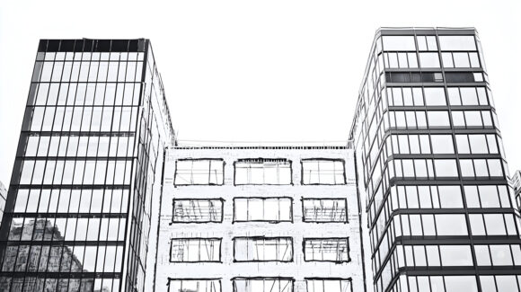 Three modern buildings, two glass skyscrapers flanking a smaller, older building under renovation.