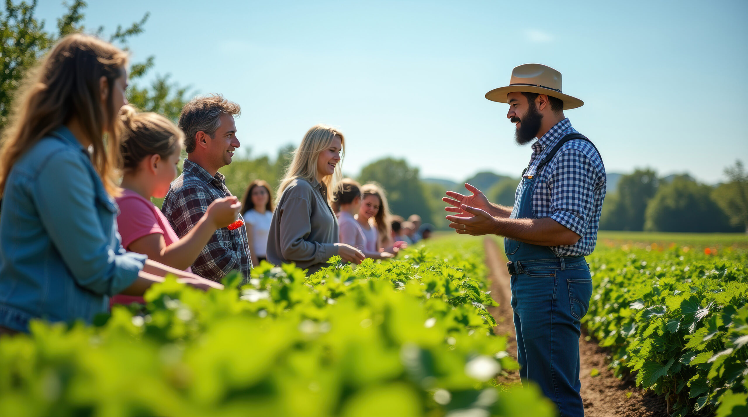 Farmers from diverse backgrounds warmly welcome customers for a guided tour through flourishing rows of crops. The sun shines brightly as visitors learn about sustainable farming practices and enjoy the lush scenery.