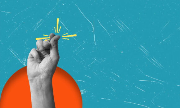 Finger snapping as a metaphor for rapid goal attainment. Artistic modern art collage. Concept of business and promotion.