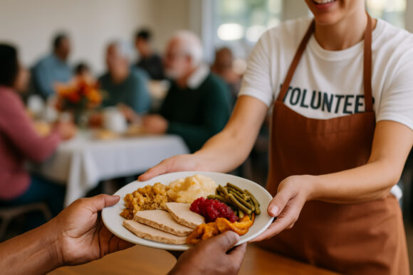 Volunteer serving Thanksgiving meal to community members at a soup kitchen.
