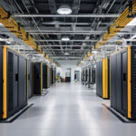 Depict a state of the art data center with rows of server racks,