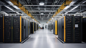 Depict a state of the art data center with rows of server racks,