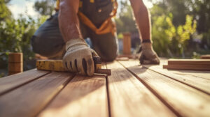 Carpenter building a wooden deck in a backyard. Featuring crafts