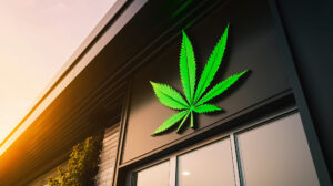 a cannabis supply store facade, with a backlit green marijuana l