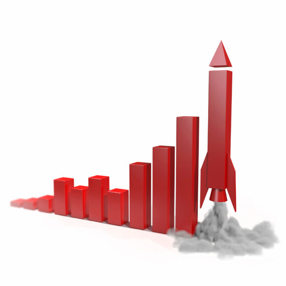 Business chart with a rocket going up. Concept 3d illustration