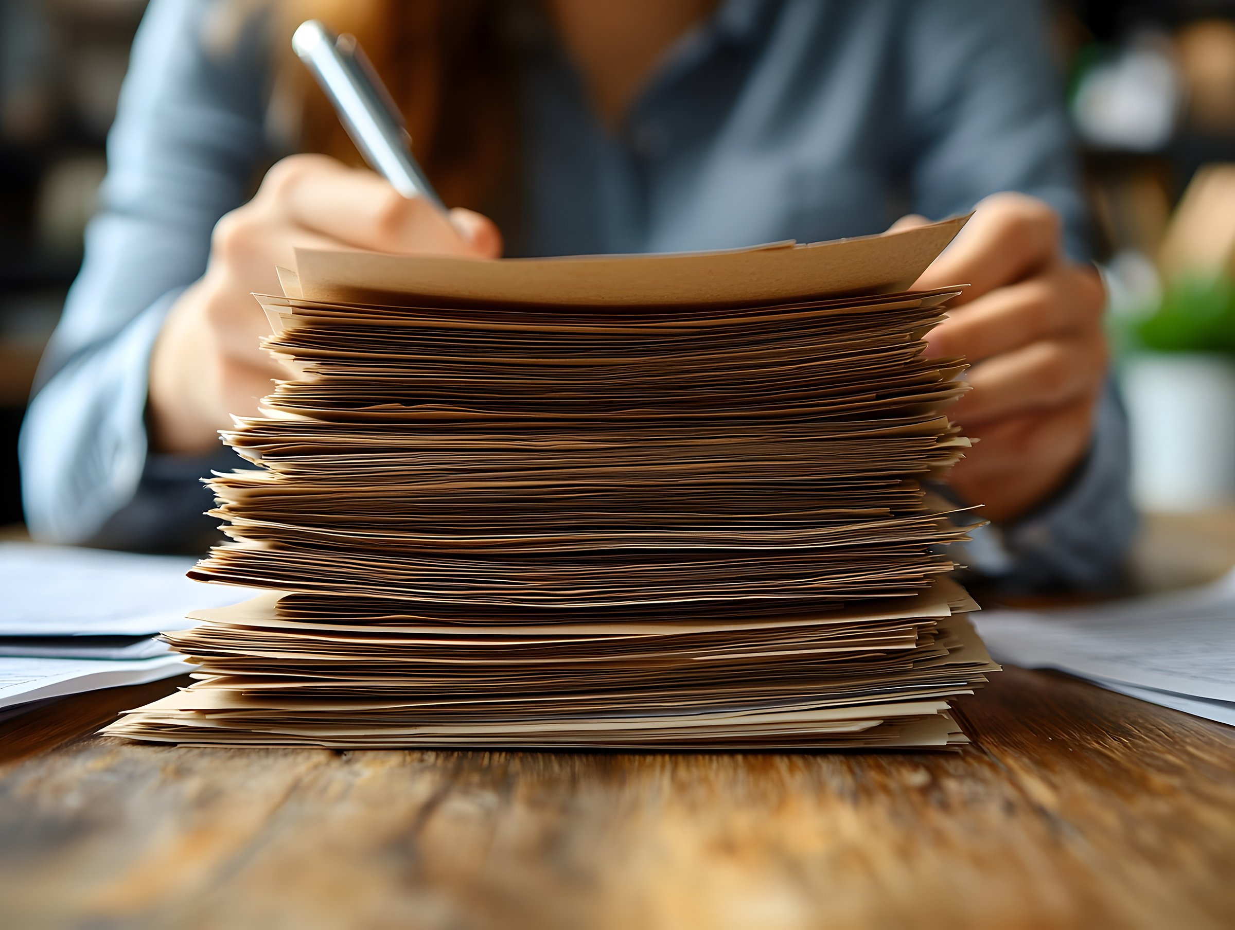Close up view of a human resources professional carefully reviewing and selecting the best candidate from a stack of resumes showcasing the diligence and precision involved in the hiring process