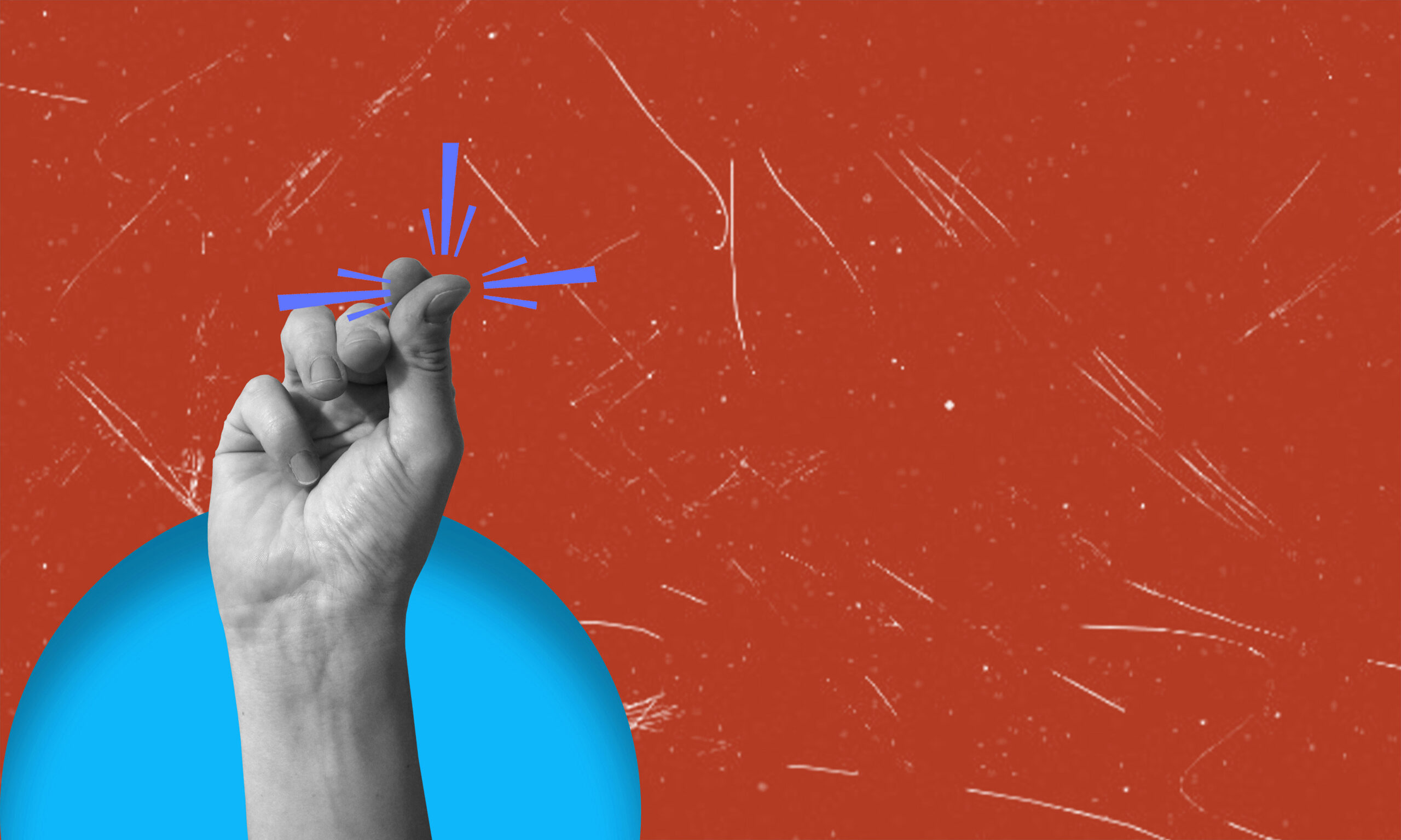 Finger snapping as a metaphor for rapid goal attainment. Artistic modern art collage. Concept of business and promotion.