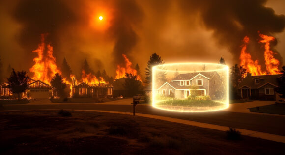 In a surreal, dramatic scene, a suburban house is encased in a glowing energy shield, starkly contrasting with the raging wildfire consuming neighboring homes under a smoke-filled, ominous sky at