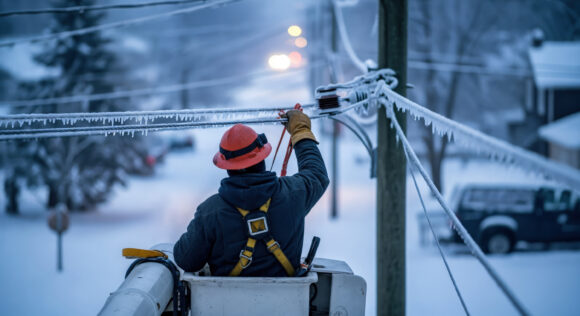Utility worker in a bucket truck repairing ice-covered power lin