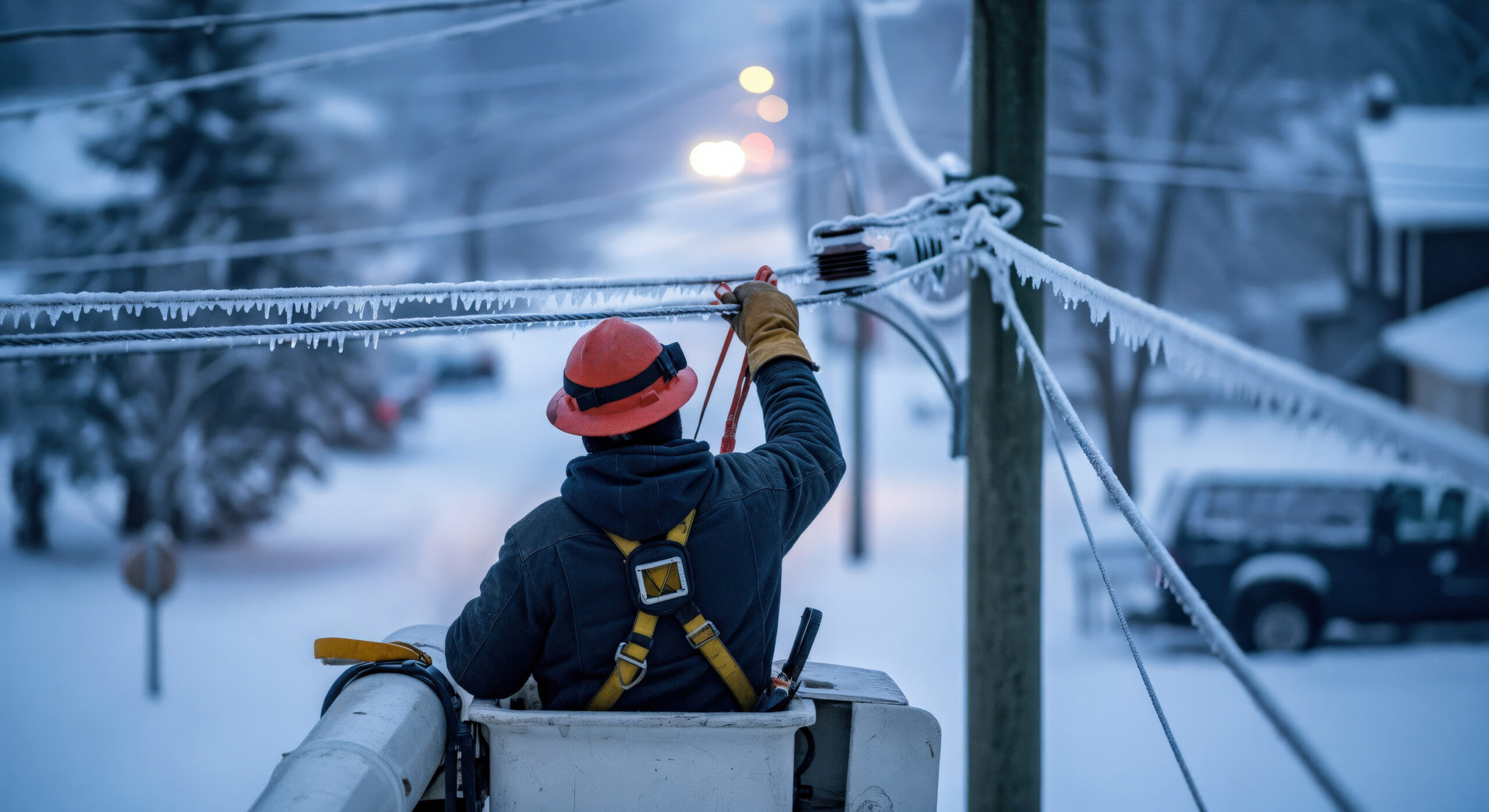 Utility worker in a bucket truck repairing ice-covered power lin