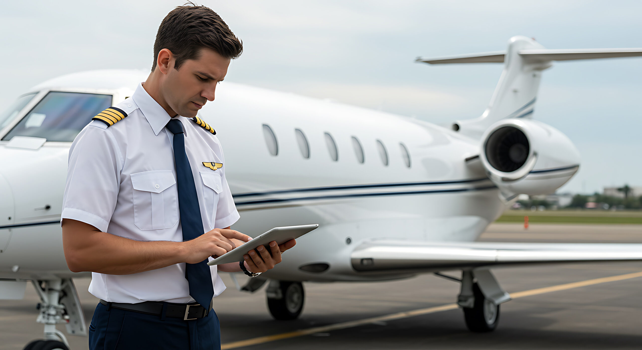 A handsome male pilot in uniform is using a digital tablet while standing near a private jet on the tarmac. He is performing preflight checks and preparing for departure. The plane is white with blue stripes.