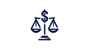 A stylized logo with a balance scale with a dollar sign replacin