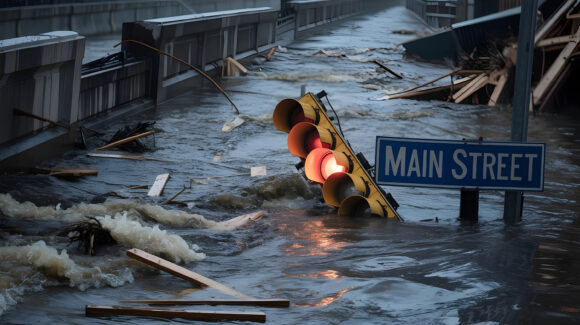 Submerged city intersection with flickering traffic light