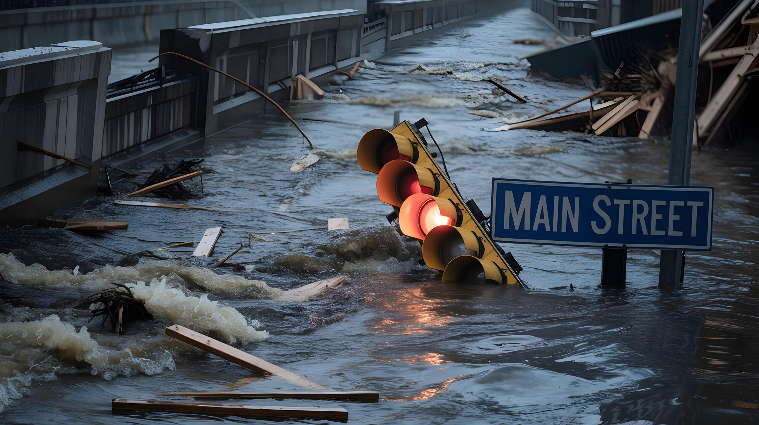 Submerged city intersection with flickering traffic light