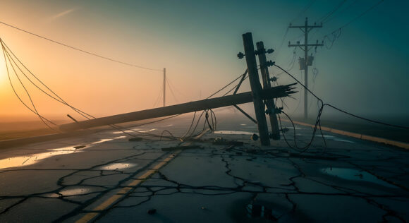 A dramatic image of a utility pole toppled over, with power lines strewn across a heavily cracked road, set against a vibrant sunset sky. The scene conveys a sense of destruction, possibly from a natural disaster or accident, highlighting broken infrastructure and the aftermath of a powerful event.