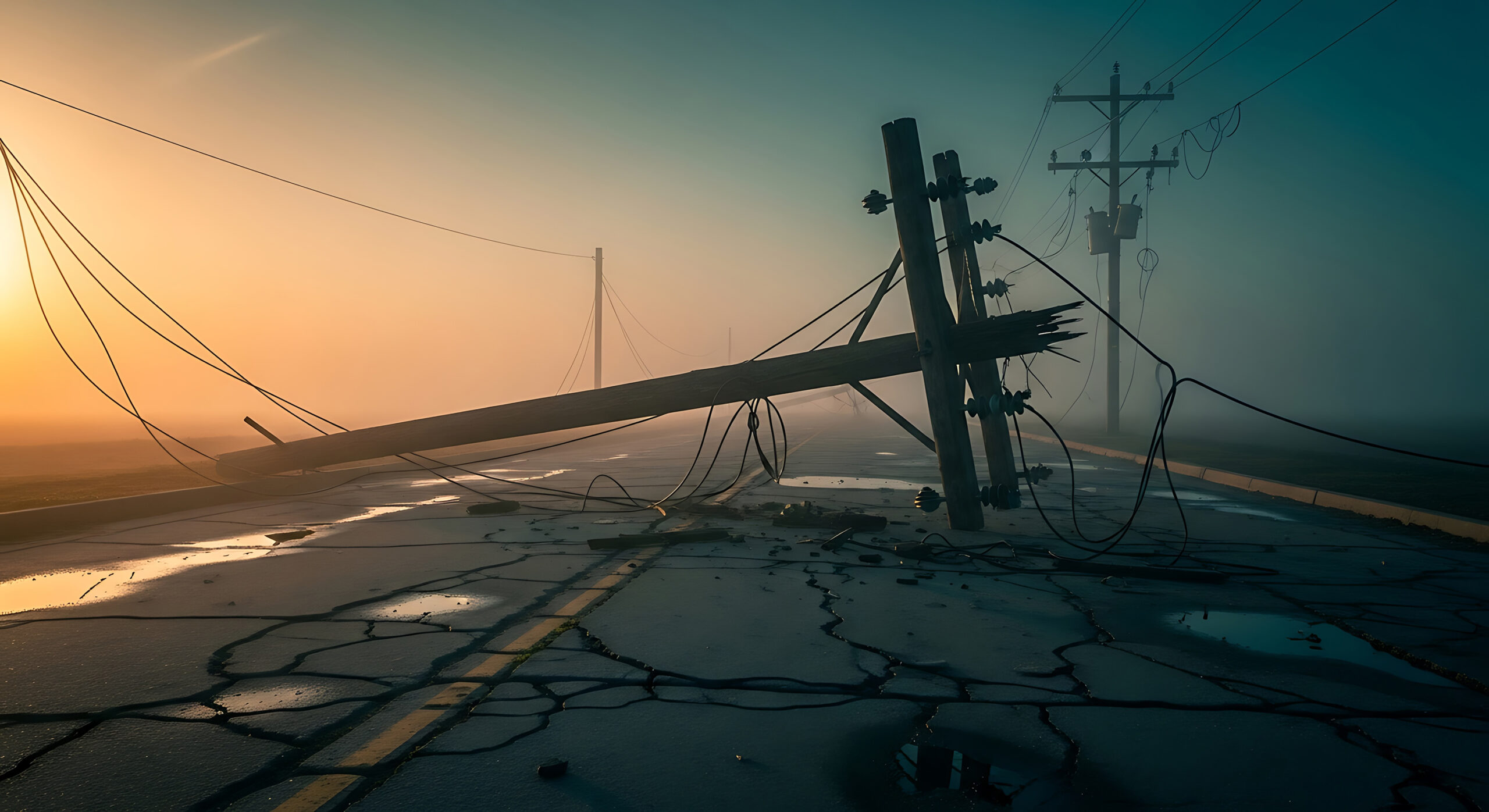 A dramatic image of a utility pole toppled over, with power lines strewn across a heavily cracked road, set against a vibrant sunset sky. The scene conveys a sense of destruction, possibly from a natural disaster or accident, highlighting broken infrastructure and the aftermath of a powerful event.