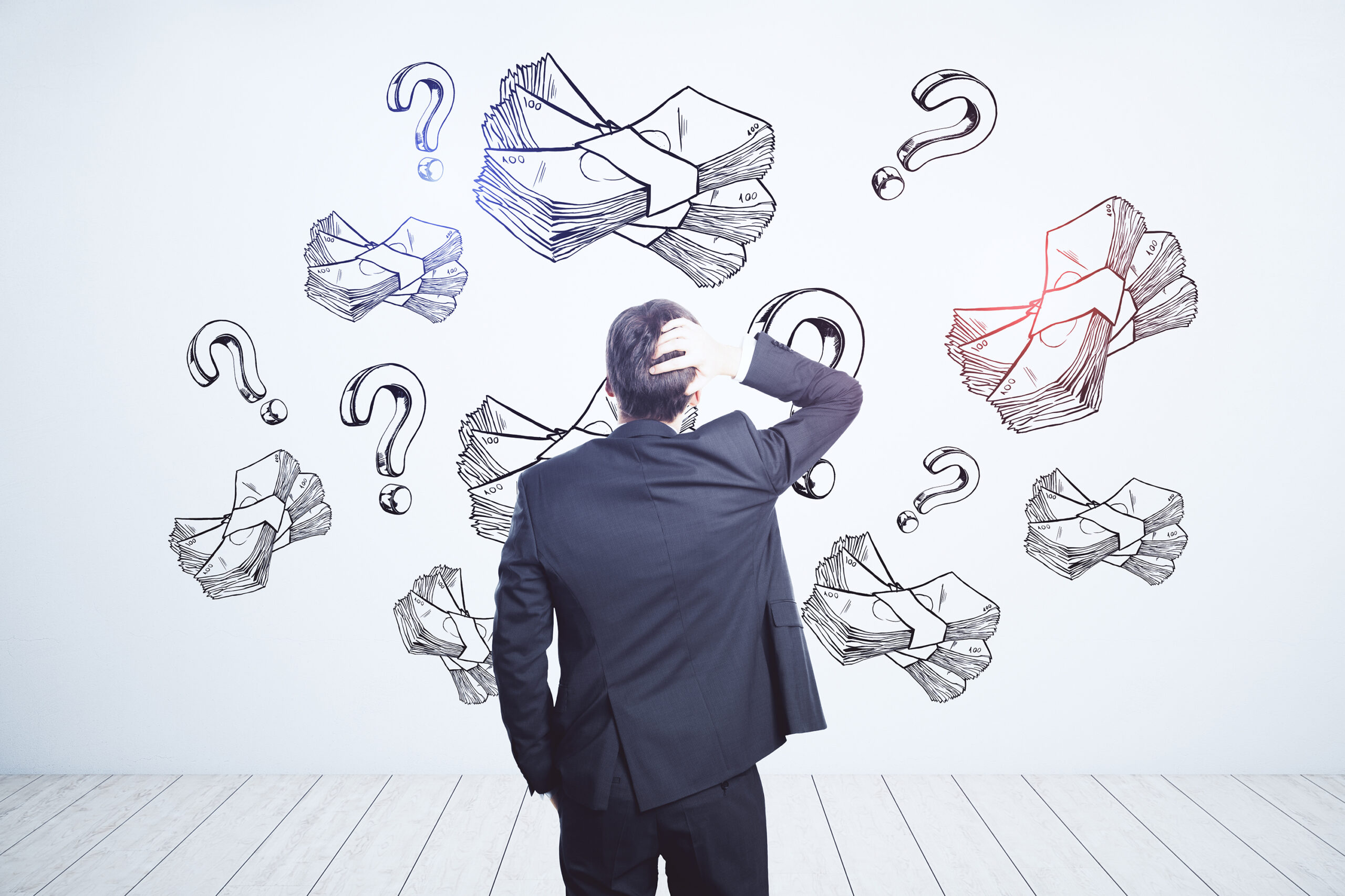 Earning money and business idea concept with pensive businessman looking at white wall with handwritten sketch of money packs and question marks