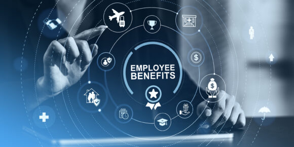 Person interacts with digital employee benefits interface, modern graphic style, on a blue gradient background, concept of HR, job rewards and compensation