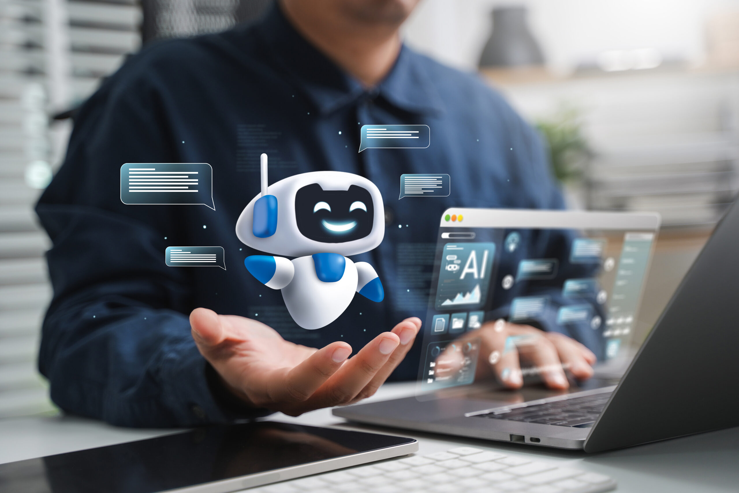 AI content creation tools: Man uses laptop with AI assistant for graphic design, translation, chatbot, image creation, coding, and advertising.