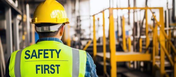 Worker in safety vest and helmet facing factory floor, highlight