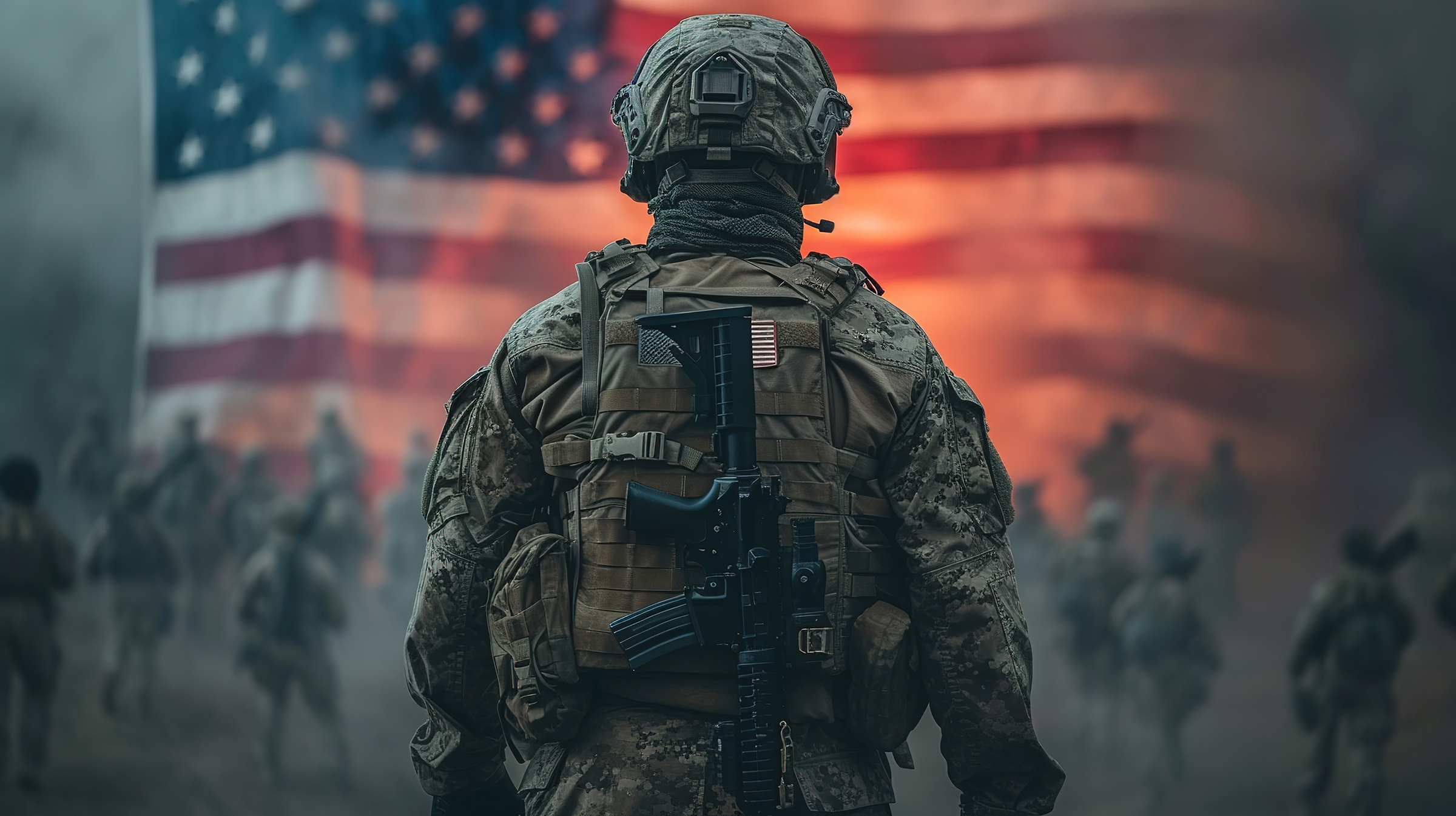 rangers during the military operation. anti terrorism military concept. The American military on the background of the star-spangled American flag. The concept of homeland protection and patriotism.