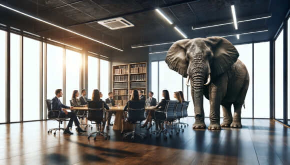 Business people addressing the elephant in the room during a mee