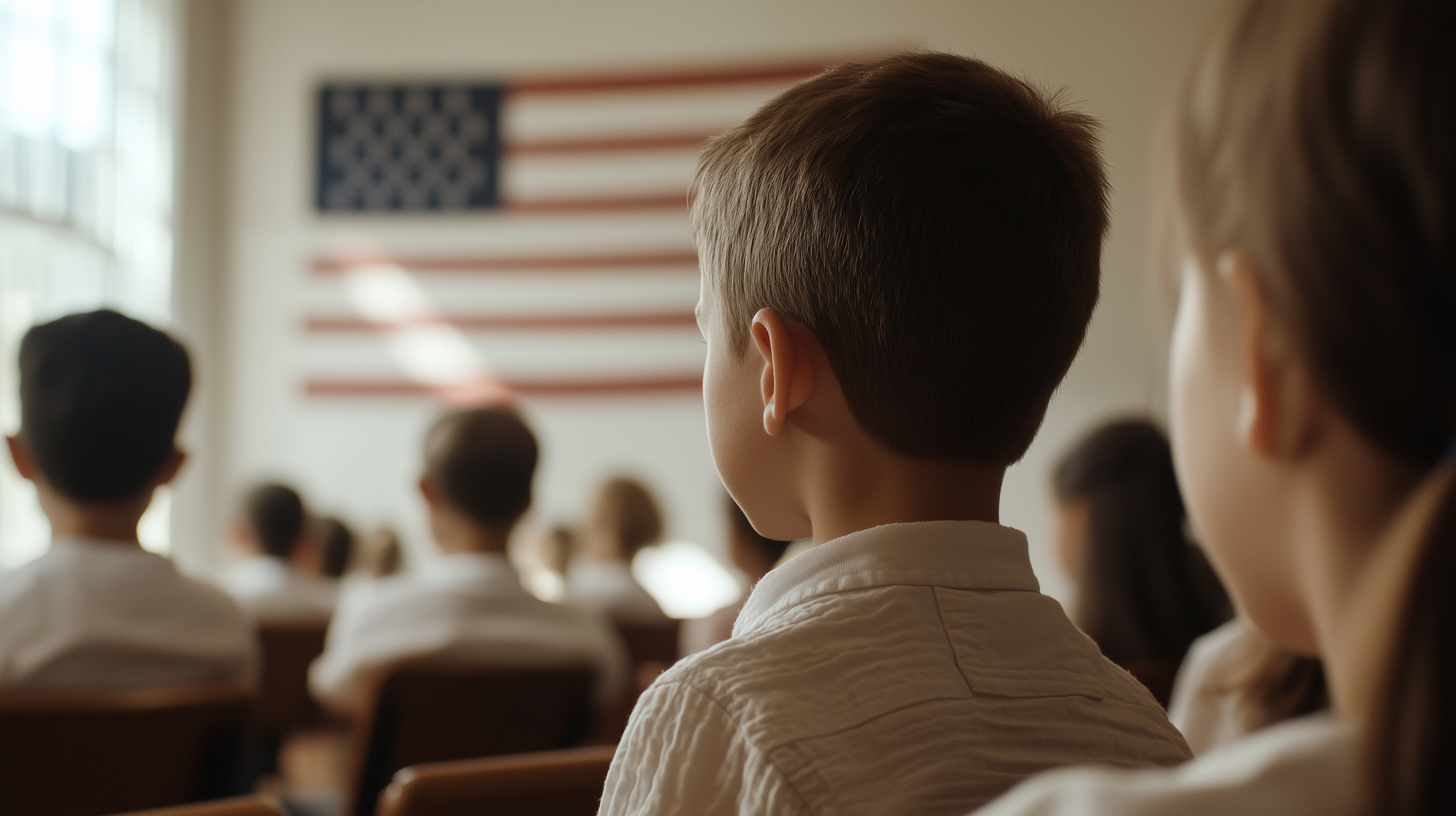 Students reciting the Pledge of Allegiance in a classroom