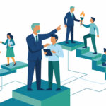 Business People Climbing Steps and Passing Torch for Leadership