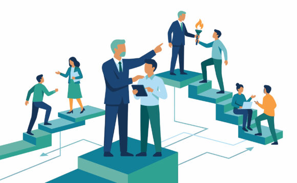Business People Climbing Steps and Passing Torch for Leadership