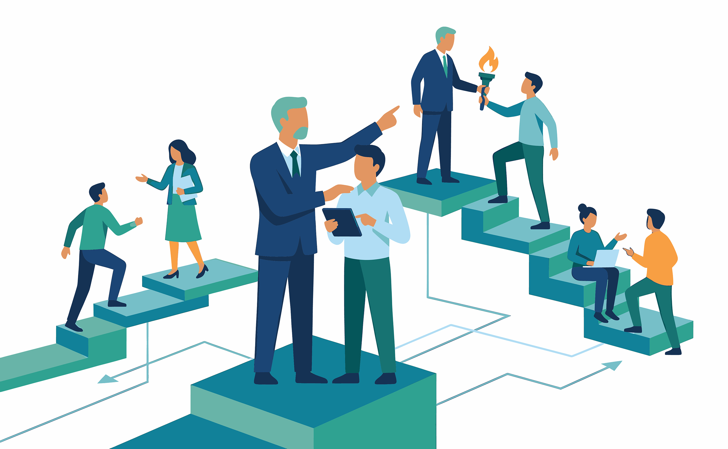 Business People Climbing Steps and Passing Torch for Leadership