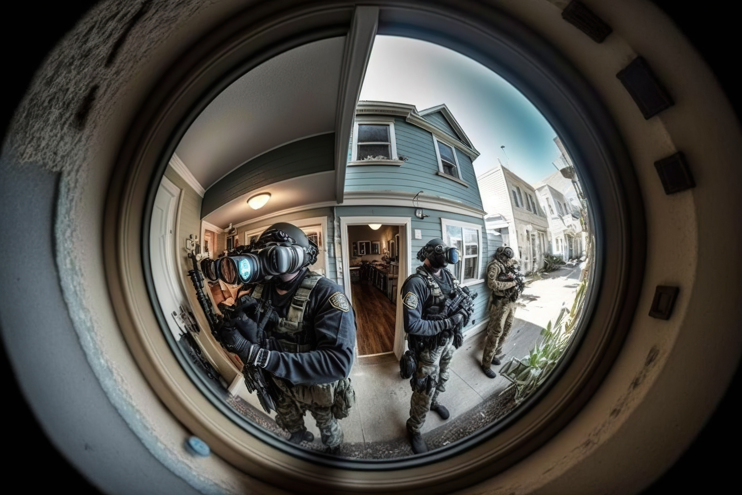 Swat agents on the threshold, concept of Surveillance and Breach, created with Generative AI technology