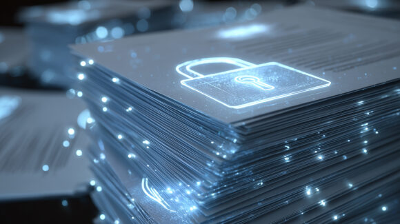 stack of legal papers protected by transparent digital shield and biometric lock system, law regulation and data privacy compliance theme