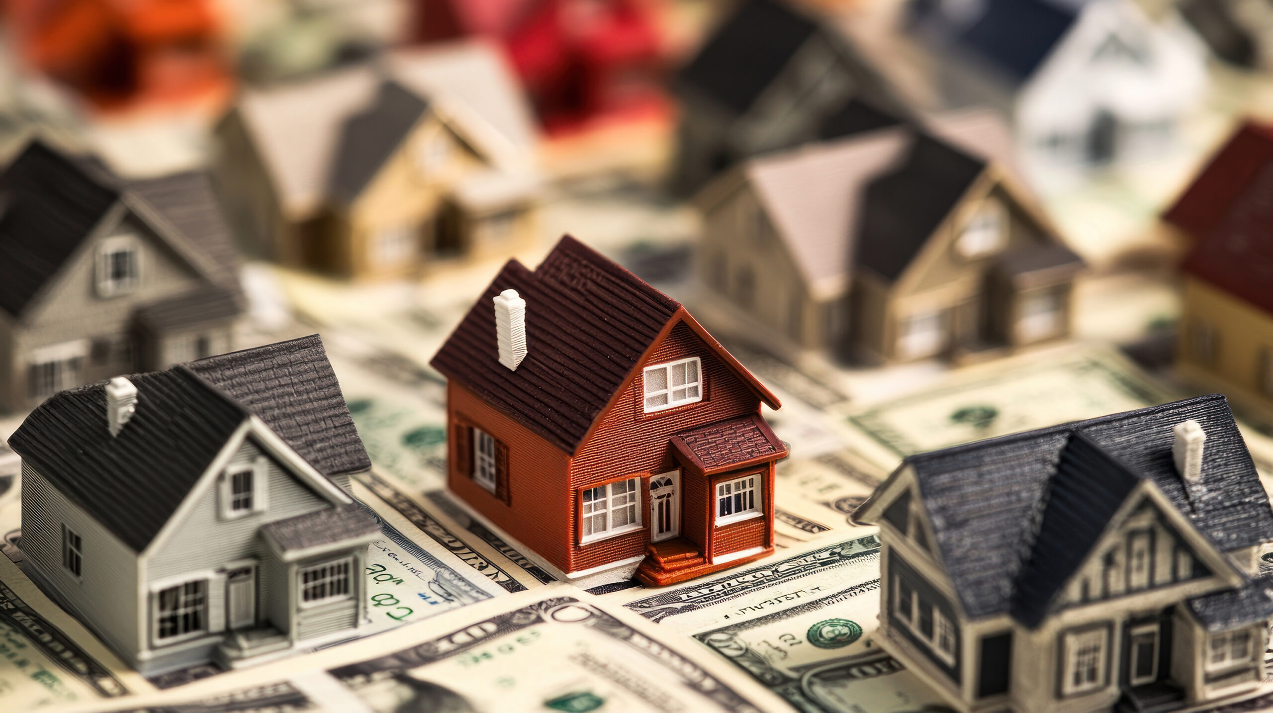 Miniature houses sitting on US dollar bills.