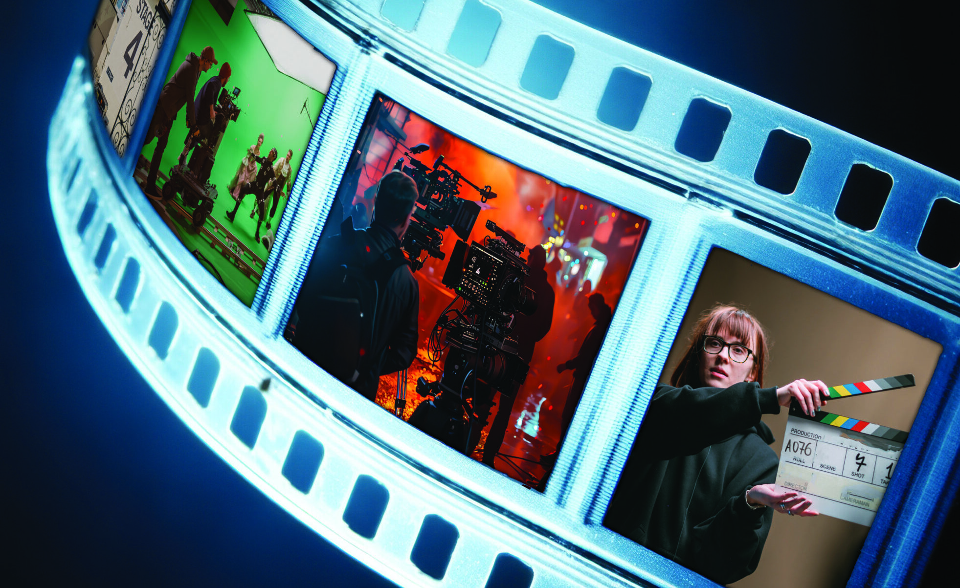 Curving illuminated film strip featuring scenes from movie production, including a film set, camera crew, and director holding a clapperboard against a dark blue background.