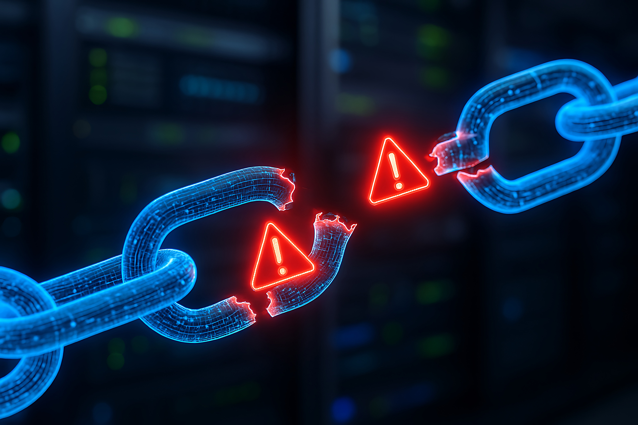 Broken digital chain with glowing red warning icons symbolizing