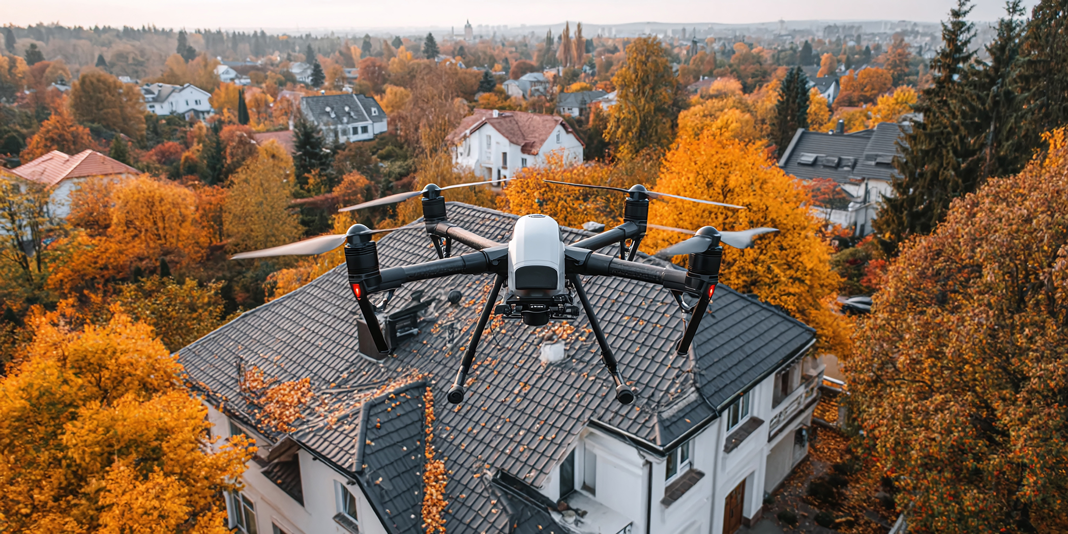 Drone inspecting residential house roof with autumn leaves. Aerial view gutter system. High-tech drone technology offers maintenance. Remote control of drone allows for safety inspections